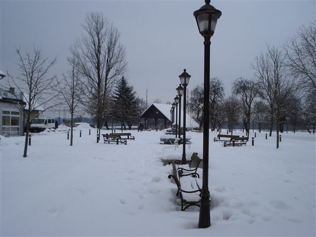 La fila di panche innevate e gelate nel giardino della struttura che ci ha ospitati ad Okroglo, Slovenia.